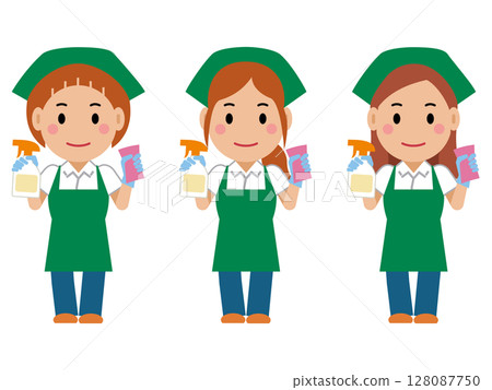 A female cleaner in a green apron holding detergent and a sponge. Part 2 128087750