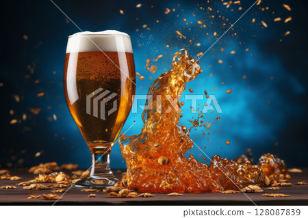 Pint of foaming beer in glass and beer splash on blurred blue background 128087839