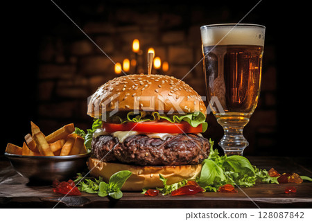 Burger Bliss: savory burger, mouthwatering fries, and frothy beer on table with napkin 128087842