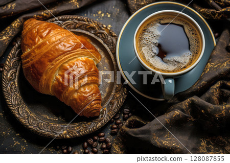 Delicious morning coffee with freshly baked French croissant on a rustic wooden table 128087855
