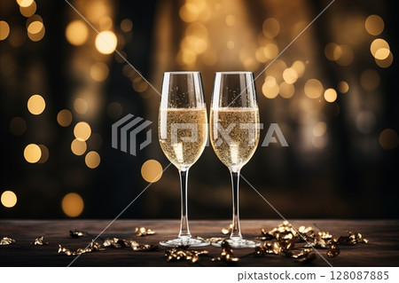 Preparing for Christmas Celebration. Champagne Glasses on Background with Lights Preparing for Christmas Celebration. Champagne Glasses on Background with Lights 128087885