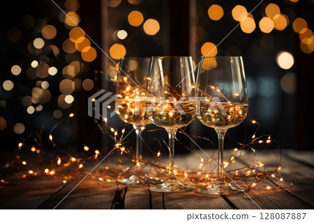Preparing for Christmas Celebration. Champagne Glasses on Blurred Background 128087887