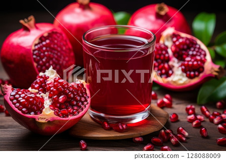 Fresh pomegranate fruit, glass of juice, seeds, and blossoms on table - organic food concept 128088009