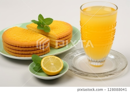 Healthy eating concept  lemon juice glass and cookies for a nutritious breakfast 128088041