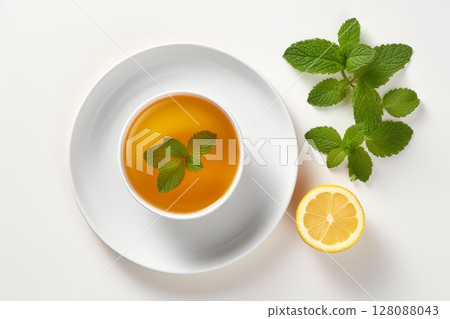 Close up of lemon slices with juice droplets and mint tea in a cup on white background Close up of lemon slices with juice droplets and mint tea in a cup on white background 128088043