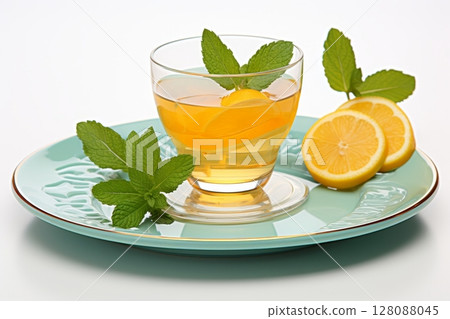 Fresh lemon slices with juice drops and mint tea cup close up on white background Fresh lemon slices with juice drops and mint tea cup close up on white background 128088045
