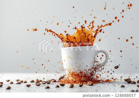 White porcelain coffee cup shatters, splashing coffee and beans on white surface 128088057