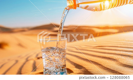 Effervescent mineral water flowing into glass against desert backdrop  quenching summer thirst 128088065