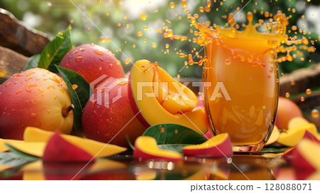 Ripe mango fruits with a refreshing splash of mango juice in a glass nearby for a delightful view 128088071