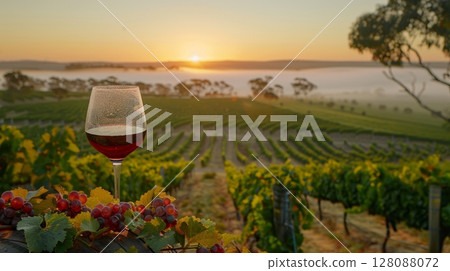 Red wine glass fogged on barrel with blurred vineyard landscape in the background 128088072