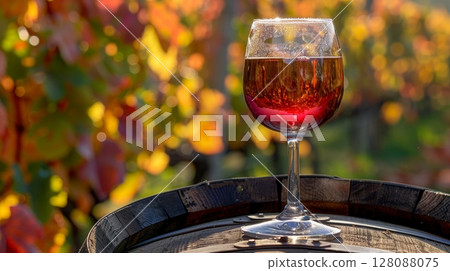 Red wine glass on barrel in fog with scenic vineyard landscape in the blurry background Red wine glass on barrel in fog with scenic vineyard landscape in the blurry background 128088075