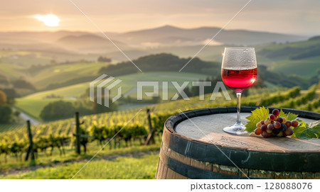 Red wine glass on foggy barrel with blurred vineyard landscape in the background Red wine glass on foggy barrel with blurred vineyard landscape in the background 128088076