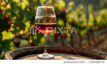 Fogged red wine glass resting on barrel with vineyard landscape blurred in the background 128088078