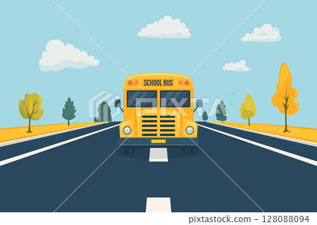 Vector Yellow School Bus on Road with Landscape Background. Cartoon School Bus Illustration for Kids Education. Back to School, Children Transport. School Transport Clipart 128088094