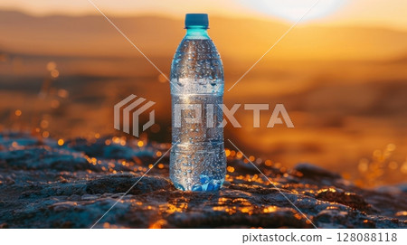 Sunbeam illuminating plastic water bottle in misty mountain valley under radiant sunlight 128088118