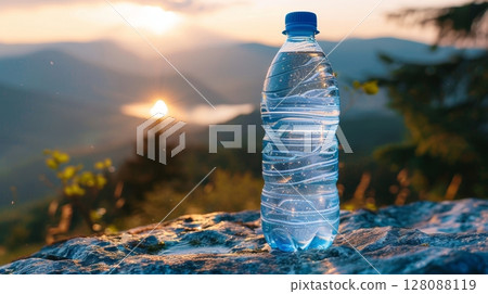 Sunlit plastic bottle in misty mountain valley with bright sunbeam shining on it 128088119
