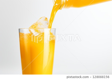 Pouring freshly squeezed orange juice into glass on clean white background, refreshing drink concept 128088156