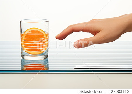 Hand holding glass of water with orange on white background for fresh drink concept 128088160
