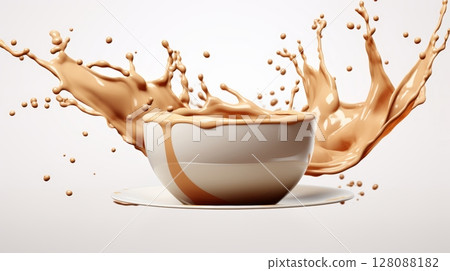 Dynamic 3d coffee splash with bubbles on white background in flowing wave shape for design projects 128088182