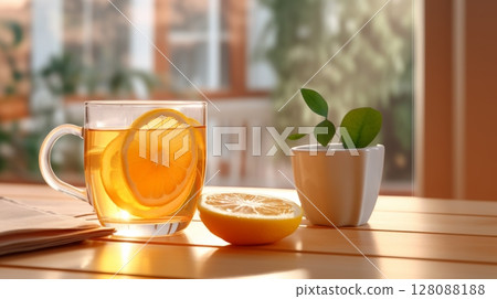 Steaming tea with lemon in glass on wooden table, close up view with fresh lemon slices nearby Steaming tea with lemon in glass on wooden table, close up view with fresh lemon slices nearby 128088188