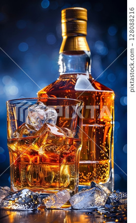 Whisky bottle and glass with ice on table edge, viewed from bottom against deep blue background 128088216