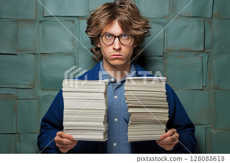 Young Handsome Man Engaged in E-Learning and Courses with Document Stack Young Handsome Man Engaged in E-Learning and Courses with Document Stack 128088618