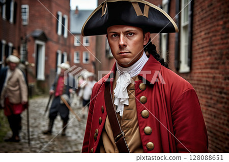 Independence Day, American patriot dressed in Revolutionary War military uniform 128088651