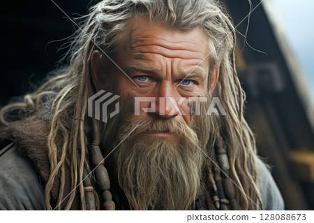 Sea Berserker. Intense portrait of an elderly viking warrior conquering the seas 128088673