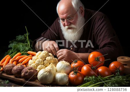 Focused Chef in Culinary Attire Skillfully Inspecting and Preparing Fresh Vegetables with Precision 128088736