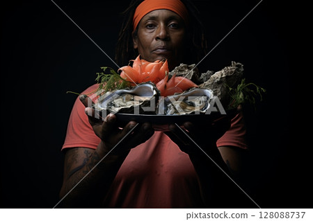 Professional dark-skinned waiter gracefully holding a silver platter with deliciously fresh oysters 128088737