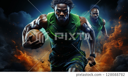 Intense basketball game action with ball soaring to hoop and players blocking shot 128088782