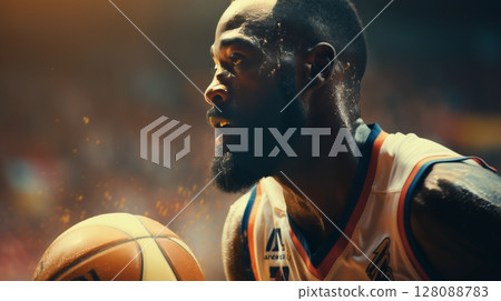 Enthusiastic basketball team in action, capturing the intensity of the game with dynamic energy 128088783