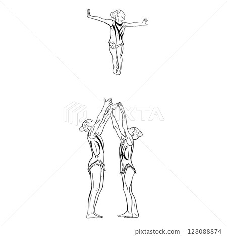 Acrobatic, balance, performance, cooperation concept. Hand drawn acrobats on static scene . Isolated vector illustration , acrobatics, gymnastic sketch illustration. Flying trio 128088874