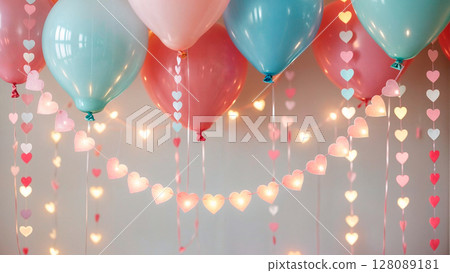 Valentine's day background - group of red heart shaped balloons over white brick wall 128089181