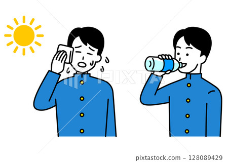 Male students taking measures against heat stroke, set Male students taking measures against heat stroke, set 128089429
