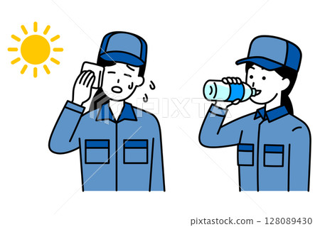 一群穿著工作服的婦女正在採取防暑措施 一群穿著工作服的婦女正在採取防暑措施 128089430