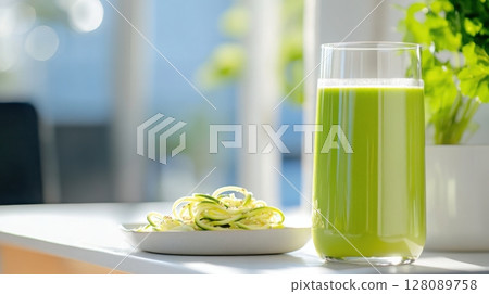 Vibrant green detox juice in a tall glass with spiralized zucchini noodles in a calming and fresh kitchen setting. Clean and bright kitchen background 128089758