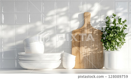Minimalist kitchen corner with open shelving and natural wood accents in bright morning light. Clean and bright kitchen background 128089759