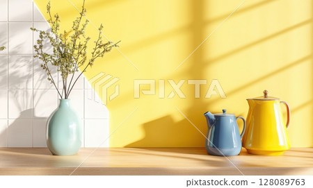 Minimal retro kitchen with mustard yellow walls, white tile backsplash, and vintage accessories in a clean, commercial-ready composition. Clean and bright kitchen background 128089763