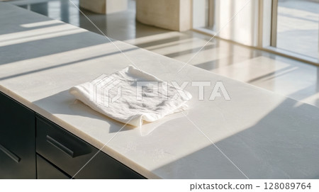 Overhead shot of a modern minimalist kitchen island with a white stone countertop and a zen aesthetic. Clean and bright kitchen background 128089764