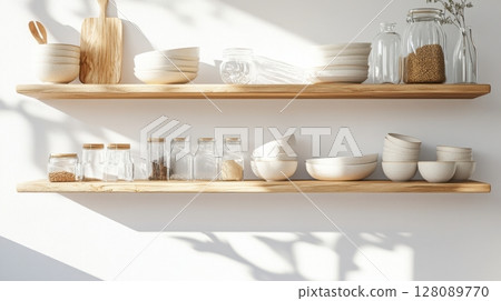 Stylish narrow vertical shelving against a white kitchen wall with light oak shelves filled with stoneware, glass jars, and linen. Clean and bright kitchen background 128089770