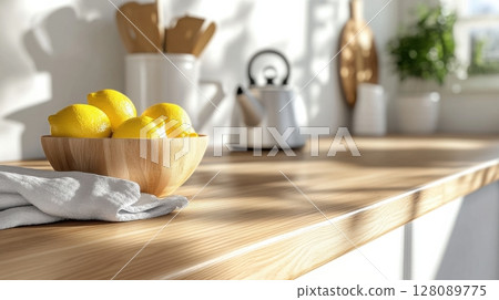 Modern white kitchen with integrated appliances and smooth wooden countertop in nordic design. Clean and bright kitchen background Modern white kitchen with integrated appliances and smooth wooden countertop in nordic design. Clean and bright kitchen background 128089775