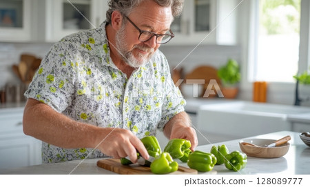 Middle-aged man preparing green bell peppers on a marble kitchen island in a bright, stylish, and modern white kitchen. Clean and bright kitchen background 128089777