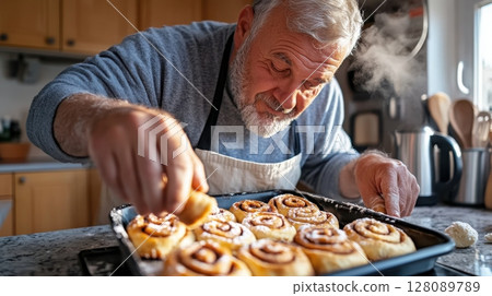 Middle-aged man arranging cinnamon rolls in nonstick baking dish in bright kitchen with fresh ingredients. Clean and bright kitchen background 128089789