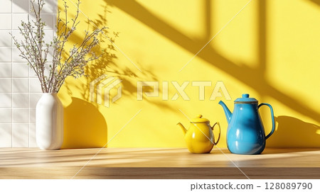 Minimal retro kitchen with mustard yellow wall and white tile backsplash in a clean, organized layout featuring a blue vase with green twigs. Clean and bright kitchen background 128089790