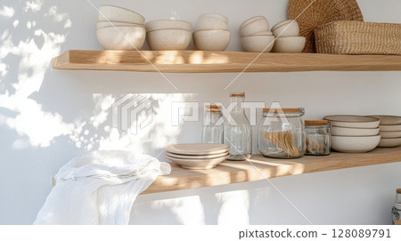 Narrow vertical shelving against white kitchen wall showcasing stoneware dishes and glass jars. Clean and bright kitchen background 128089791