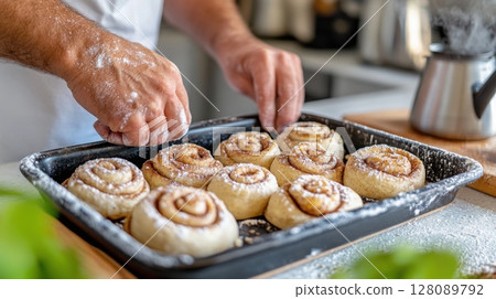 Middle-aged man carefully arranging cinnamon rolls into a nonstick baking dish in a bright, relaxed kitchen setting. Clean and bright kitchen background Middle-aged man carefully arranging cinnamon rolls into a nonstick baking dish in a bright, relaxed kitchen setting. Clean and bright kitchen background 128089792