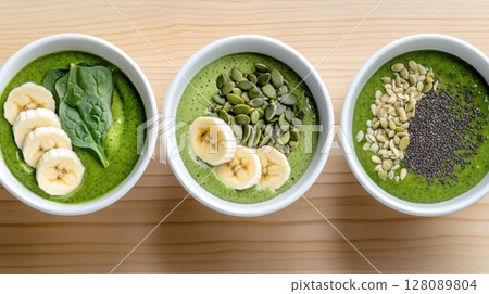 Overhead view of three healthy smoothie bowls with green base and nutrient-rich toppings on a light wooden table. Clean and bright kitchen background 128089804