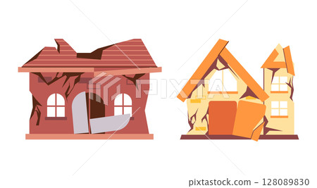 After disaster damaged dilapidated houses cracked walls broken windows collapsing roofs and structural damage representing abandonment destruction 128089830