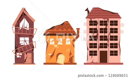 Old damaged dilapidated houses cracked walls broken windows collapsing roofs and structural damage representing abandonment destruction 128089831